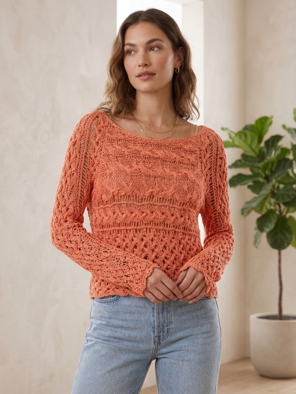 Free People Coral Pink Open Crochet Knit Sweater XS